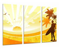 Tableau Moderne Photographique, Impression sur bois, Homme de surf, palmiers, soleil et plage, 97 x 62 cm, ref. 26697