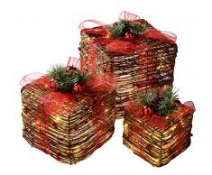 WeRChristmas 25/20/15 cm pré-éclairé en rotin Blanc Chaud LED Coffret Cadeau de Noël avec Ruban Rouge, Lot de 3 Cadres texturés Multicolore