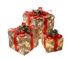 WeRChristmas Lot de 3 décorations de Noël Cadeau avec Ruban Rouge en Sisal et pré-illuminé LED Blanc Chaud Multicolore 25/20/15 cm