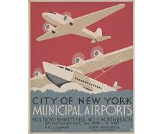 Le Poster Collective Vintage Ville de New York Art Déco Avion Voyage Poster Format A3 29.7 cm x 42 cm Impression de qualité, Bois, Multicolore, 42 x 29.7 x 0.1 cm