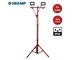 Velamp IS747-3 Projecteurs LED sur trépied, 3200lm (2x20W), hauteur: 176 cm, câble 3 m, étanche IP65. Usage extérieur, travaux ménagers, fêtes et barbecue dans le jardin, 40 W, Rouge
