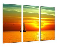 Tableau Moderne Photographique, Impression sur bois, Coucher de soleil, coucher de soleil spectaculaire sur la mer, bateau Ã voile, 97 x 62 cm, ref. 26524