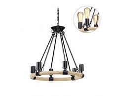 Relaxdays 10028391 Lustre de couronne, 6 ampoules, style industriel, Métal, E27, Lampe suspension Corde, 158 x 52 cm, noire, lin, 1 élément