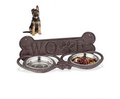 Relaxdays 10028990 Gamelle de Chien Fonte de Fer, Montage Mural, 2 Ã©cuelles de 200 ML, Design Antique, Marron, INOX, Brun foncÃ©, Double