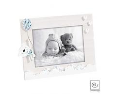 Cadre photo en bois blanchi avec dÃ©corations nounours et ballon azur â Taille photo 13x18 cm