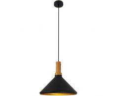 Suspension E27 abat-jour métal Noir extérieur/ Bois clair intérieur cable PVC L.100cm