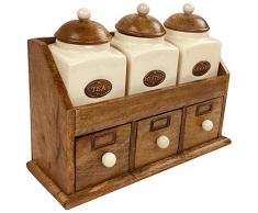 Geko Lot de 3 bocaux en cÃ©ramique avec tiroirs en Bois, Marron, crÃ¨me, Taille Unique