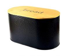 Gr8 Home Métal Noir à Pois Spots Texturé en Relief Pain Poubelle Nourriture Pain Rangement Boite Cuisine Bamboo Board Couvercle