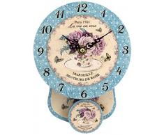 H&H Fleurs Horloge Ã Pendule, Bois, Bleu Ciel