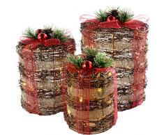 WeRChristmas Rotin LED Cylindre Giftboxes avec Ruban Rouge, 25 cm/30 cm/36 cm â Lot de 3