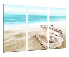 Tableau Moderne Photographique, Impression sur bois, Paysage plage mer ciel bleu, coquille dans le sable perlé, bijou, 97 x 62 cm, ref. 27007