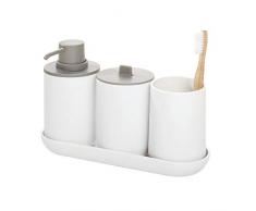 iDesign Set de Rangement, Accessoire Salle de Bain (4 Pièces) avec Distributeur Savon, Verre à Dents, Boîte à Coton et Plateau en Plastique, Rangement Salle de Bain, Blanc et Gris