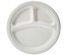 AmazonBasics Assiettes jetables écologiques Compostables et biodégradables 3 compartiments 23 cm Lot de 250