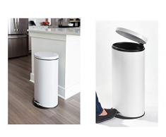 iDesign 44312EU pédale contenance 30 L, Ronde en Acier Inoxydable pour la Cuisine, Poubelle métallique avec Seau en Plastique et Dessous antidérapant, Blanc, 33, 25, 5 cm x 64, 4 cm