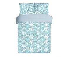 Eurofirany Parure de lit avec Housse de Couette et 2 taies doreiller en Satin de Coton et Satin de Coton Motif Feuilles orientales Blanc/Bleu 220 x 200 cm