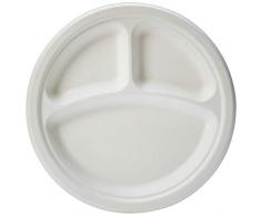 AmazonBasics Assiettes jetables écologiques Compostables et biodégradables 3 compartiments 25 cm Lot de 125