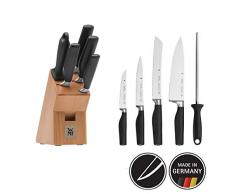 WMF Cuisine Plus Bloc à couteaux 6 pièces comprenant 4 couteaux forgés 1 aiguiseur 1 bloc en hêtre et acier spécial Performance Cut