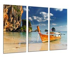 Tableau Moderne Photographique, Impression sur bois, Paysage des Caraïbes, plage, mer, bateaux, paradis tropical, 97 x 62 cm, ref. 26535