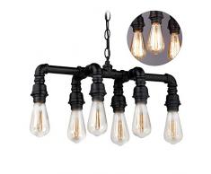Relaxdays 10028396 Lampe suspension, 6 ampoules, métal, pour bar retro, industriel, E27, plafonnier tuyaux eau, noir, plastique, 1 élément