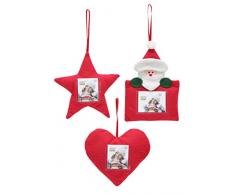 Deknudt Frames S67HC1 Cadre Photo avec Pendentifs pour Arbre de Noël Bonhomme de Neige 4,5 x 6 cm + Cœur + Etoile 4 x 4 cm Toile Rouge