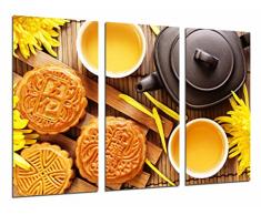 Tableau Moderne Photographique, Impression sur bois, Cafétéria, Cuisine, Thé chinois, Biscuits, Théière Fleur jaune, 97 x 62 cm, ref. 27018