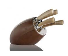 Del Ben SENSE/CUOIO/M/5/29 Set de Couteaux avec PoignÃ©es en Corne de Buffle Blonde Bloc en Cuir Brun 5 PiÃ¨ces