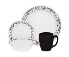CORELLE Arbre Bird Puce et résistant aux Chocs Ensemble de Vaisselle, Service pour 4, Bleu/Marron