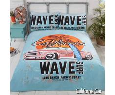 Rapport Parure de lit avec Housse de Couette rétro California Surf Board sur Une Plage avec Palmier et Voiture Vintage Bleu Canard Double