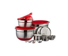 Relaxdays Set de cuisine Bol mÃ©langeur couvercle rÃ¢pe verre doseur cuillÃ¨re dosage mesure 17 piÃ¨ces, argentÃ©/rouge