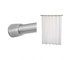 InterDesign iDesign Tringle Extensible pour Rideau de Douche, Extra-Petite Barre de Douche en Acier Inoxydable, argenté Mat & AmazonBasics Rideau de Douche en Polyester 180 x 200 cm Blanc