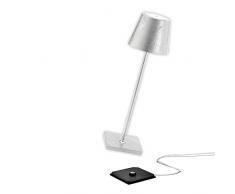 Zafferano Poldina Pro - Lampe de table LED à intensité variable en aluminium, Protection IP54, Utilisation intérieure/extérieure, Base de chargement par contact, H38cm, Prise UE Fueille dArgent