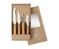 Le coffret kraft de 4 couteaux de cuisine la fourmi manche en olivier : 1 tartineur, un eplucheur, un couteau a fromage, un couteau doffice lame 9 cm