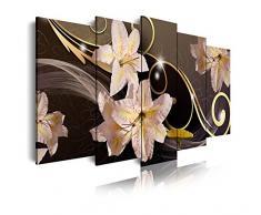 Dekoarte 419 - Tableau moderne sur toile montÃ© sur cadre en bois 5 piÃ¨ces, nature fleurs vertes et brunes, avec fond de couleur foncÃ©e, 150x80cm