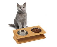 Relaxdays Napfstation, Chat et Petit Chien, 2 gamelles de 300 ML, en Bambou et Acier Inoxydable, 12 x 39 x 19,5 cm, Naturel, argentÃ©