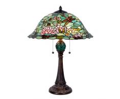 Lumilamp 5LL-5271 Lampe de table Libellule/Lotus Vert/Multicolore Diamètre 47 x 60 cm 3 x E27 max. 60 W Parapluie en verre coloré décoratif fait à la main