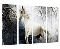 Tableau Moderne Photographique, Impression sur bois, Nature Forêt enneigée, Jour de la nuit, Cheval blanc, 131 x 62 cm, ref. 27028