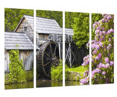 Tableau Moderne Photographique, Impression sur bois, Paysage de moulin, nature avec des fleurs, 131 x 62 cm, ref. 26736