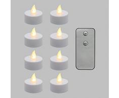 Xmasking Lot de 8 bougies chauffe-plat à piles, LED blanc chaud, effet flamme, télécommande on/off, intérieur, bougies LED, bougies décoratives, lumières de Noël