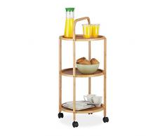 Relaxdays 10026506 Desserte de Cuisine Bambou, Chariot de Service Rond à roulettes Frein, 3 Plateaux, HxD 87 x 42 cm, Nature