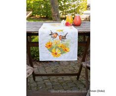 Vervaco PN-0161964 Rotkehlchen & Blumen Aida Chemin de table en coton Multicolore Env. 32 x 84 cm.