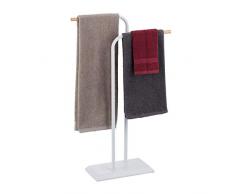 Relaxdays, blanc Porte pied, Support pour serviettes de bain, 2 barres, acier, HxlxP 90 x 56 x 20 cm, MDF, bois