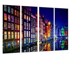 Tableau Moderne Photographique, Impression sur bois, Nuit de la ville dans le lac, bâtiments couleurs Amsterdam, 131 x 62 cm, ref. 27055