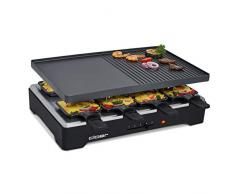 Cloer 6446 Barbecue à raclette avec plaque en aluminium moulé sous pression 2 faces 1200 W 8 poêles à raclette antiadhésives Noir