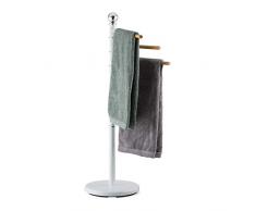 Relaxdays, blanc Porte pied, Support pour serviettes de bain 3 barres rotatives 360°, HxlxP: 95x53x29 cm, acier, plastique, bois, 95 x 53 x 29 cm