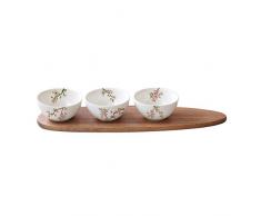 Easy Life 1088SAKU SET APERITIF 3 COUPELLES EN PORCELAINE +PLATEAU 40X10,5CM EN ACACIA SAKURA, Multicouleur