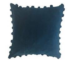 Ragged Rose Coussin en Velours Motif Pompons Bleu pétrole 50 x 50 cm
