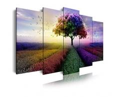 Dekoarte 539 - Tableau moderne sur toile monté sur cadre en bois 5 pièces, arbres, fleurs, paysage, 150x80cm