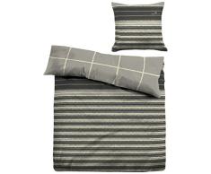 Tom Tailor 69519/809/001 Housse de Couette Satin/Coton MercerisÃ© Double ImprimÃ© RÃ©versible Ã Rayure/Ã Carreau Gris Beige/Gris 135 x 200 cm + 1 Taie dOreiller 80 x 80 cm