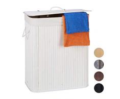 Relaxdays 10024382_49 Corbeille Bambou, Panier à Linge 2 Compartiments, Coffre Pliable Couvercle 95 litres, Blanc, 63 x 52 x 33 cm