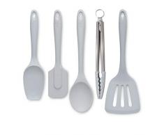 Zeal JSET45S Lot de 5 pinces de cuisine anti-adhÃ©sives en silicone avec spatule, spatule, cuillÃ¨re et cuillÃ¨re Gris